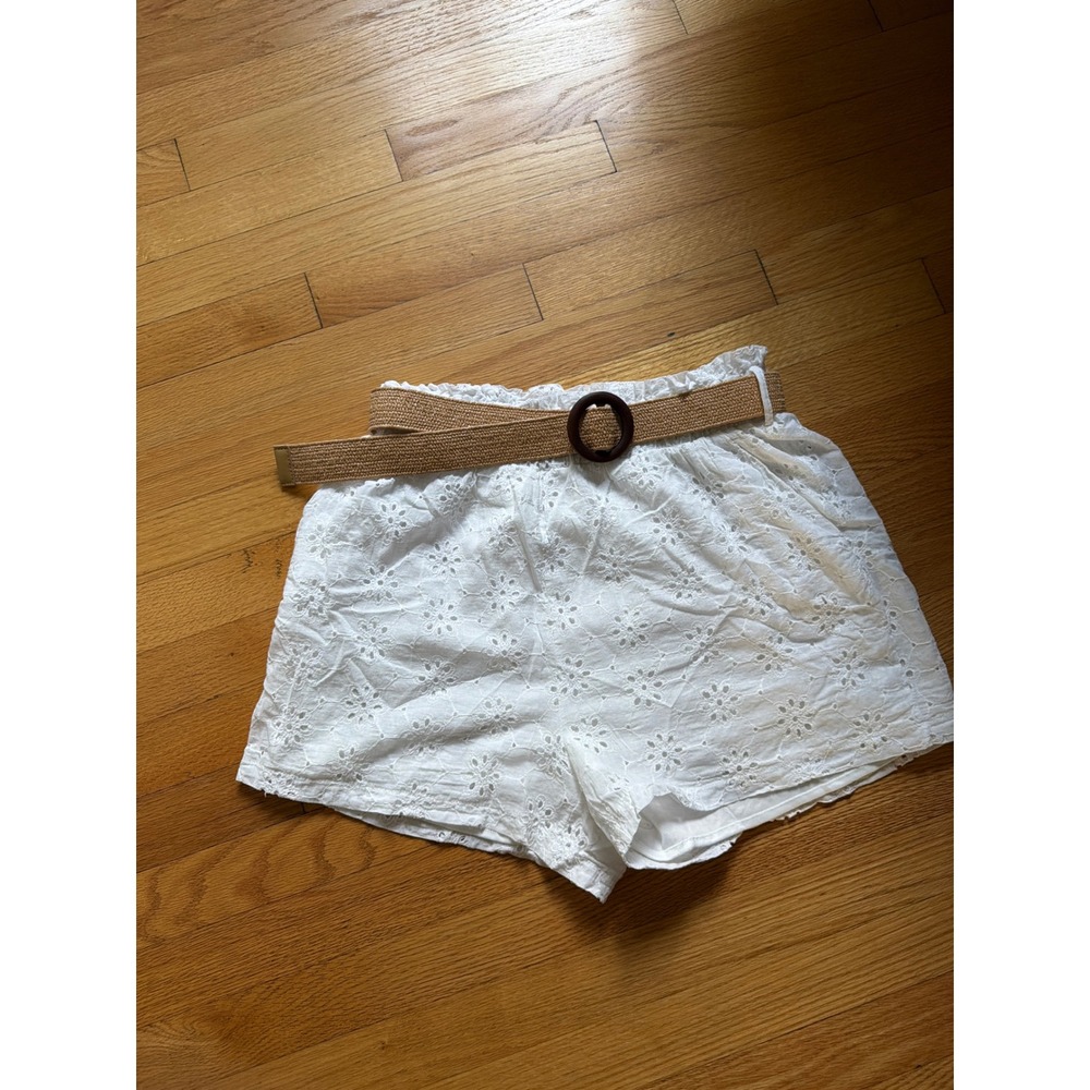 Hot Delicious White Eyelet Cotton Belted Shorts Paperbag Waist ROSA11654 Large